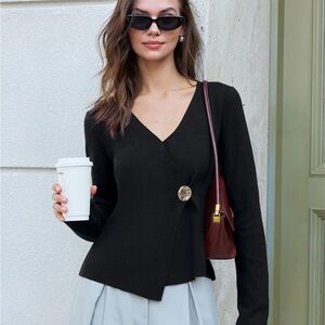 Elegant Black Wrap Front Sweater with Button Detail
